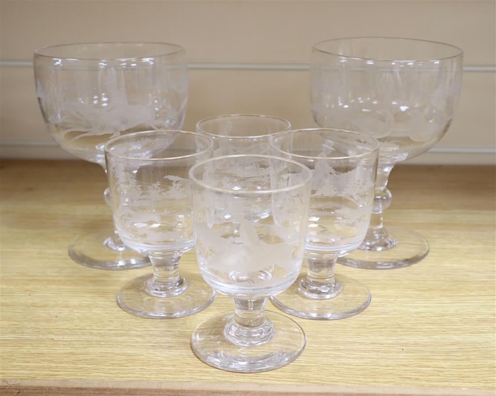 A matched group of six goblets and wine glasses, all engraved with hunting scenes, goblets 17.5cm